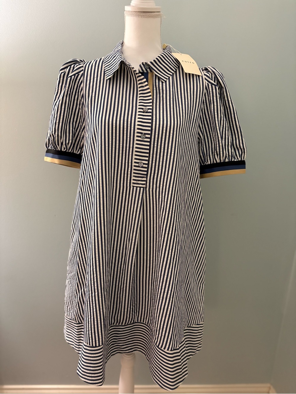 NWT Entro Navy & White Striped Puff-Sleeve Tunic Dress